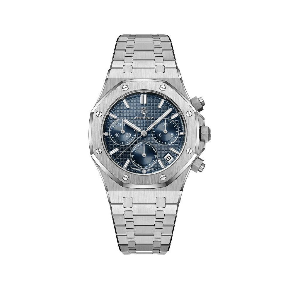 (Sliver Blue) Watch Mens With Luminous Stopwatch Calendar Speedometer Stylish