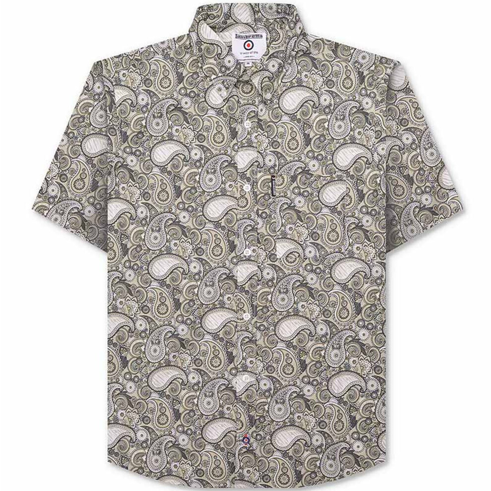 (S, Desert Sage) Lambretta Mens Paisley Brand Short Sleeve Button Down Collar Shirt - Desert Sage