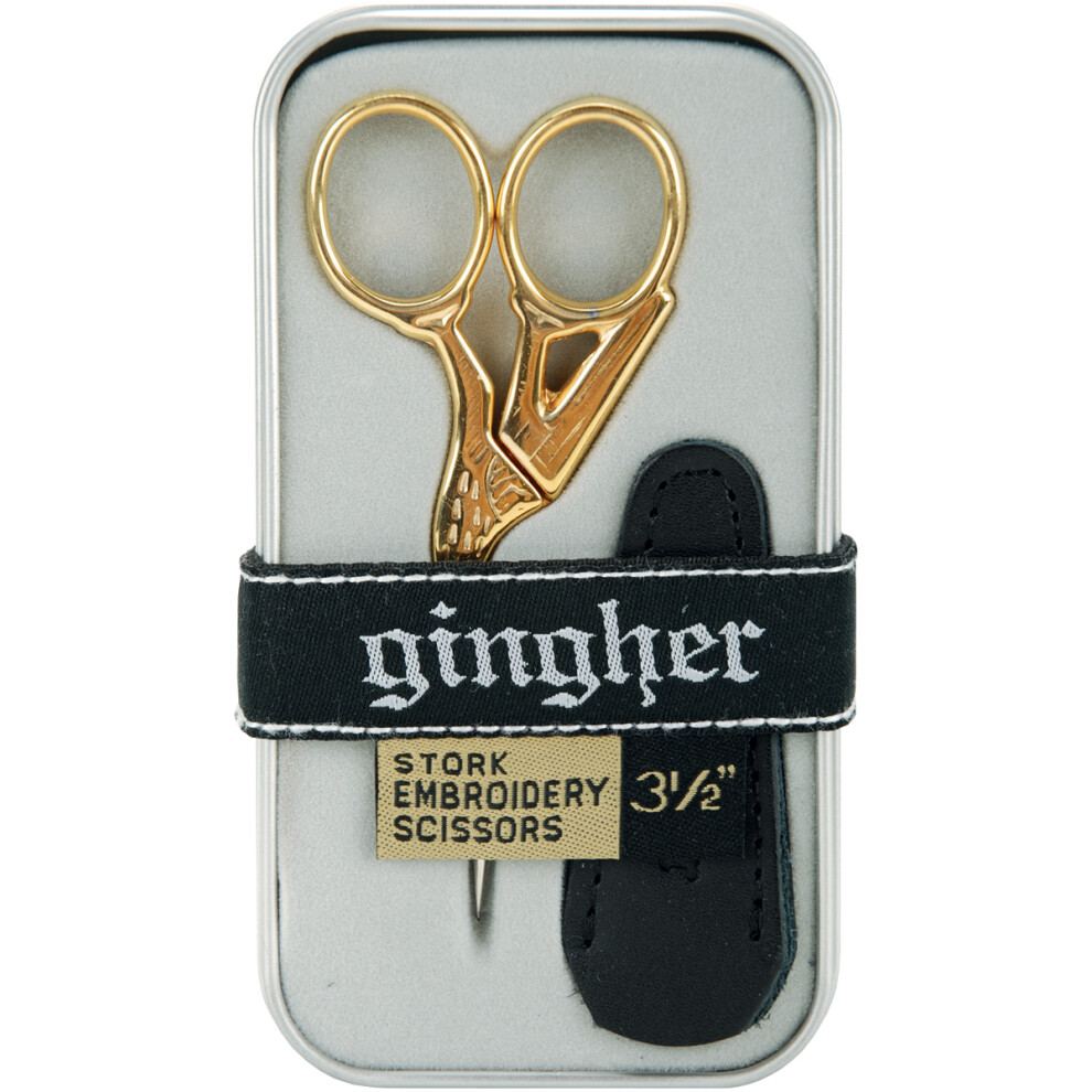 Gingher Gold-Handled Stork Embroidery Scissors 3.5"-W/Leather Sheath 01005280