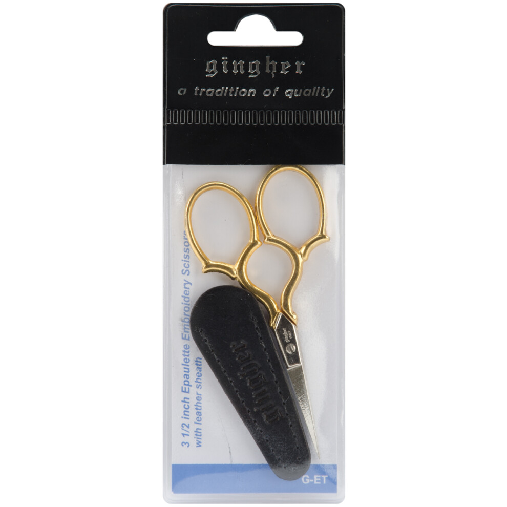 Gingher Gold-Handled Epaulette Embroidery Scissors 3.5"-W/Leather Sheath 01005279