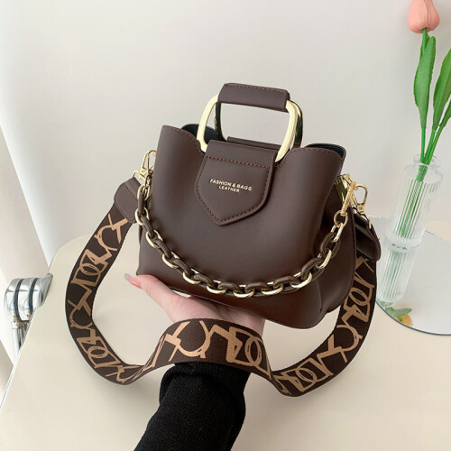 (Dark Brown) Cross Body Shoulder Bag With Solid Color Bucket Shape Fashionable And Casual