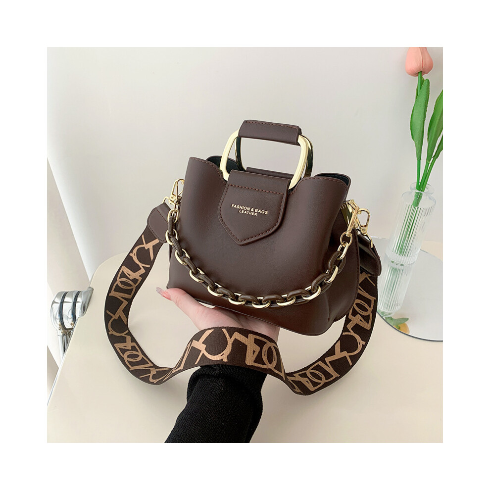 (Dark Brown) Cross Body Shoulder Bag With Solid Color Bucket Shape Fashionable And Casual