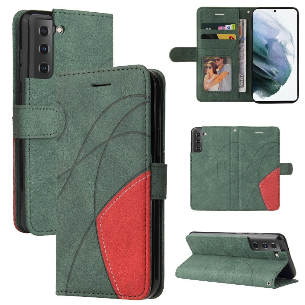 (Green) Case For Samsung Galaxy S21 Fe Kickstand Protective With Card Slot Stand Pu Leather Flip Folio Case Two-Color Stitching Green 764762564940