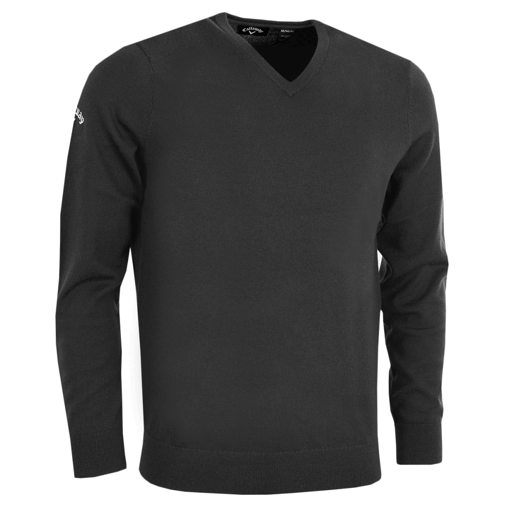 (S, Black) Callaway 2021 Mens Golf Ribbed V-Neck Merino Sweater