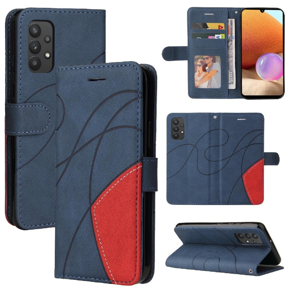 (Blue) Case For Samsung Galaxy A32 4G Kickstand Protective With Card Slot Stand Two-Color Stitching Pu Leather Flip Folio Case Blue 764762566579