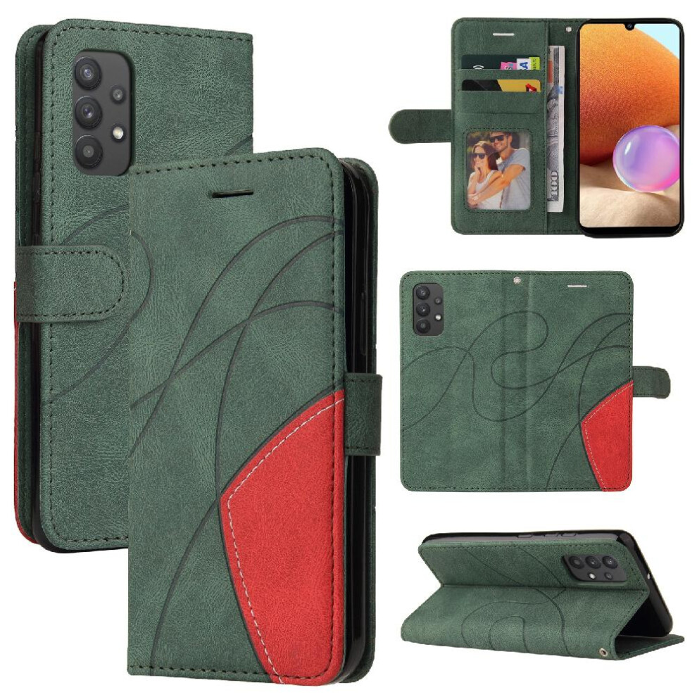 (Green) Case For Samsung Galaxy A32 4G Kickstand Protective With Card Slot Stand Two-Color Stitching Pu Leather Flip Folio Case Green 764762566548