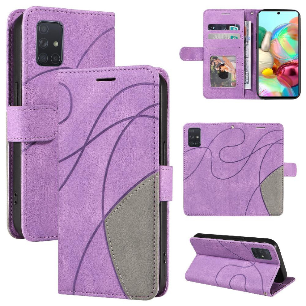 (Purple) Case For Samsung Galaxy A71 4G With Card Slot Stand Pu Leather Flip Folio Case Two-Color Stitching Kickstand Protective Purple 764762566883