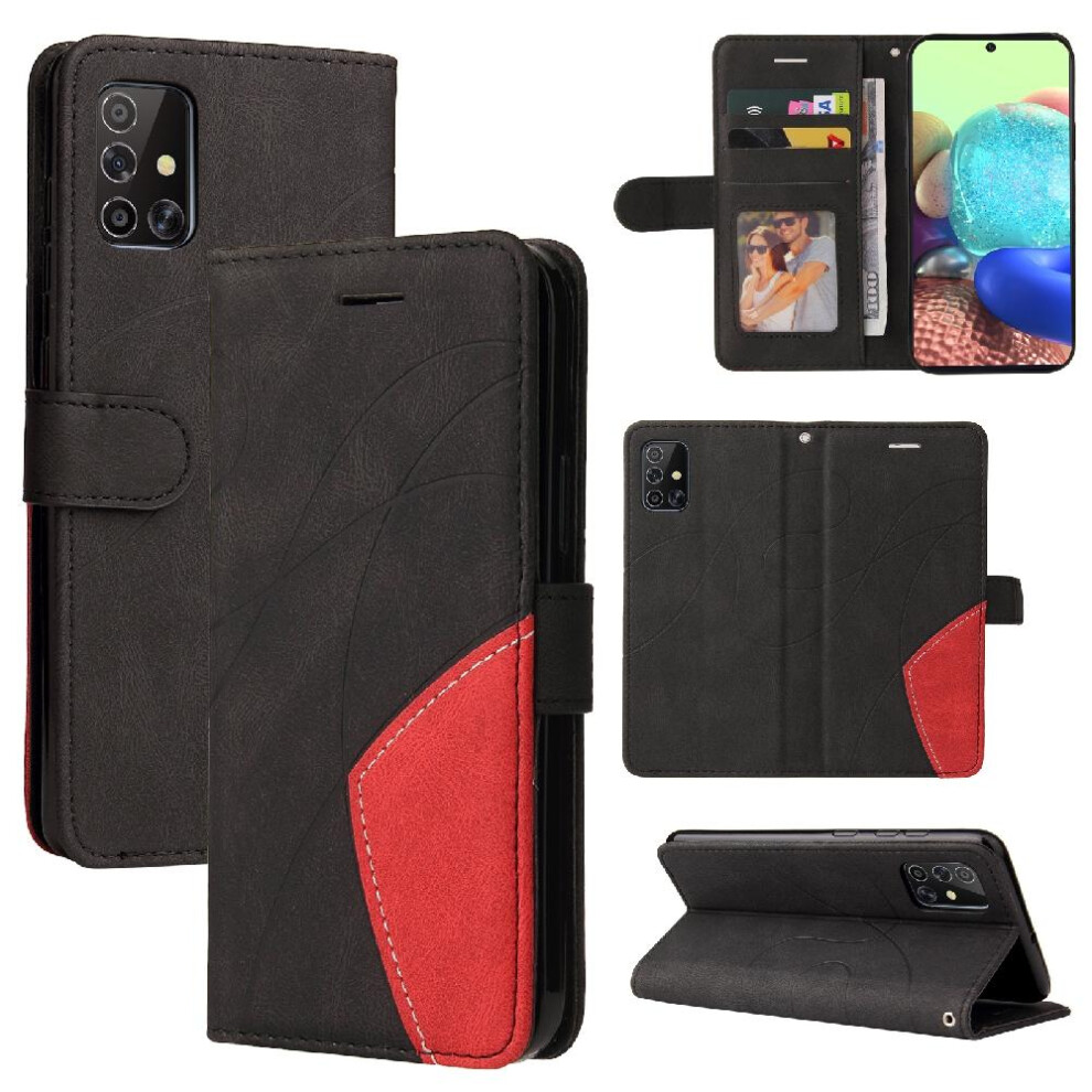 (Black) Case For Samsung Galaxy A71 4G With Card Slot Stand Pu Leather Flip Folio Case Two-Color Stitching Kickstand Protective Black 764762566906