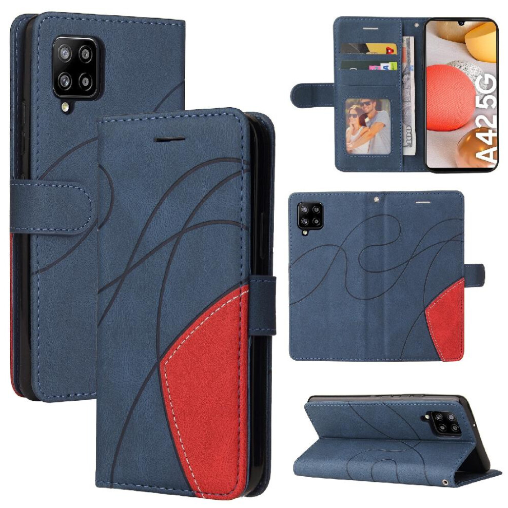 (Blue) Case For Samsung Galaxy A42 5G With Card Slot Stand Kickstand Protective Pu Leather Flip Folio Case Two-Color Stitching Blue 764762567446