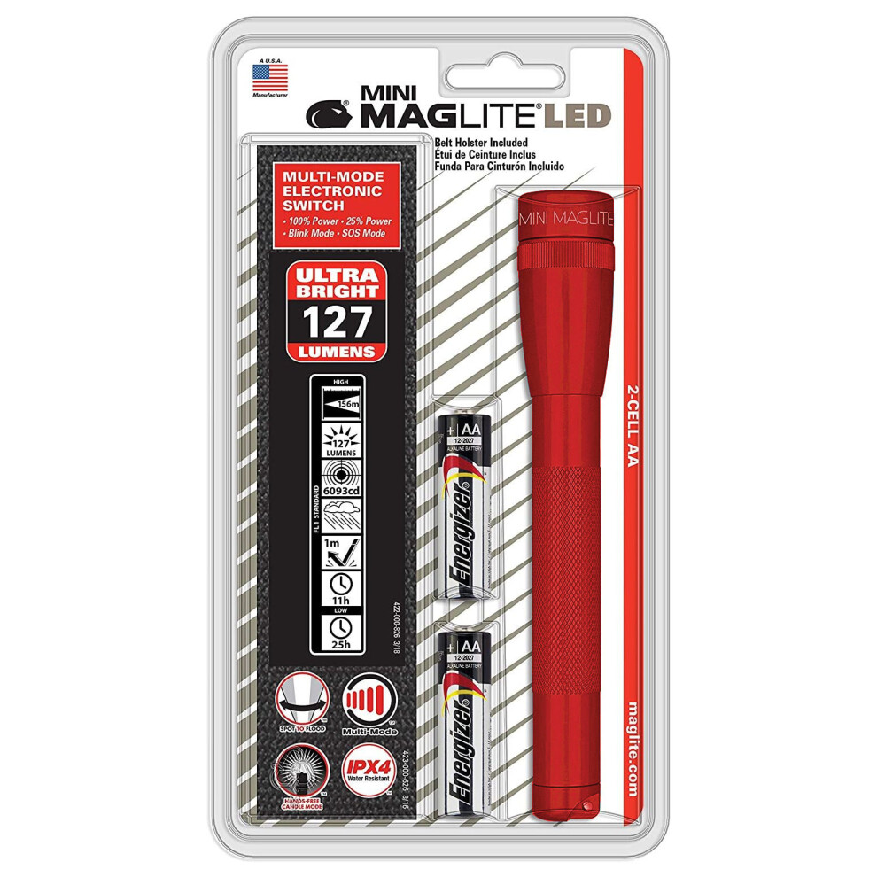 (red) Mini Maglite 2 AA LED torch - 77 lumens - 141m beam - torch and holster pack