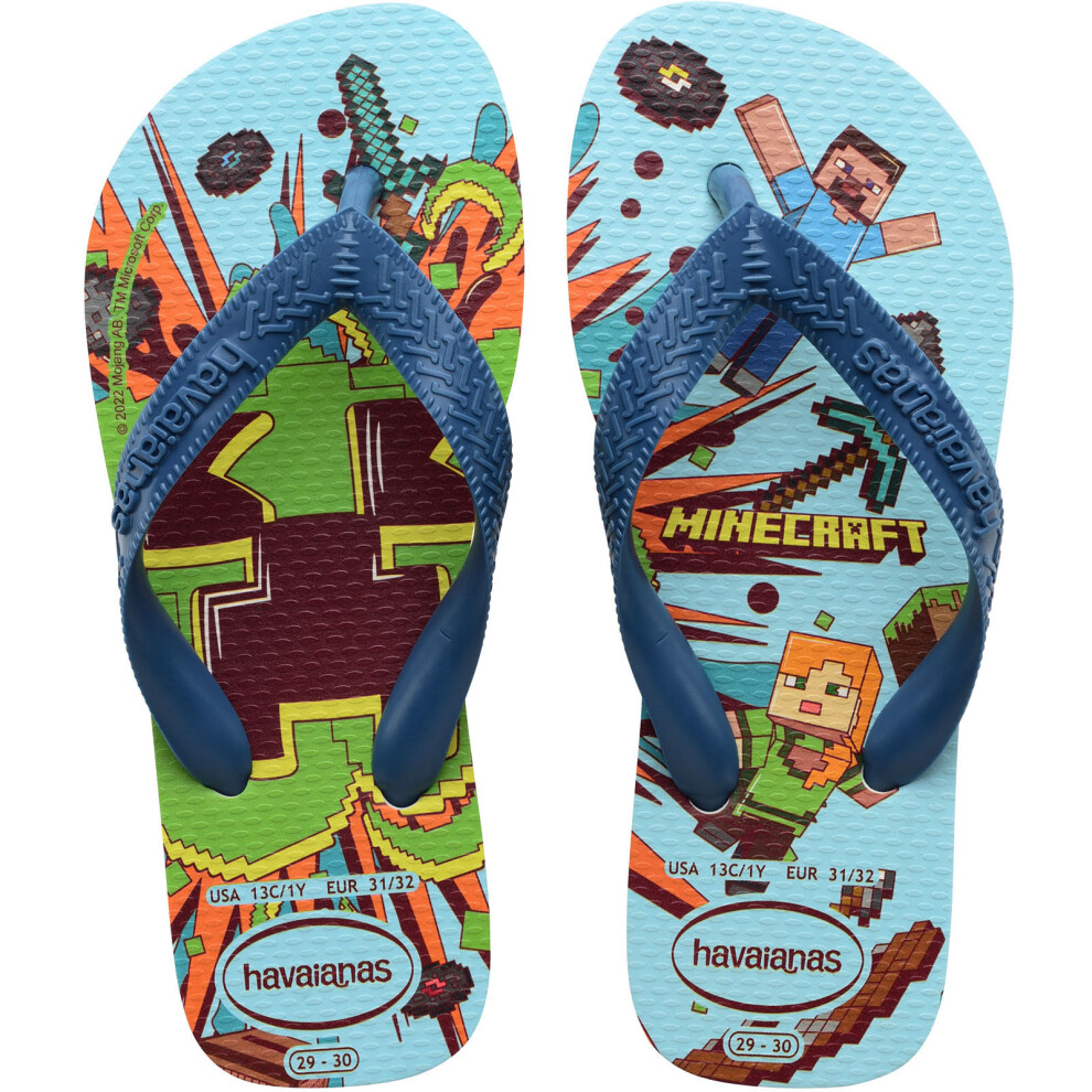 (12K UK, White/Blue) Havaianas Kids Boys Minecraft Summer Beach Sandals Thongs Flip Flops