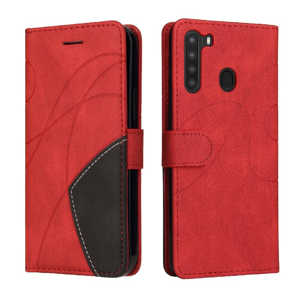 (Red) Case For Samsung Galaxy A21 Kickstand Protective With Card Slot Stand Two-Color Stitching Pu Leather Flip Folio Case Red 764762568344