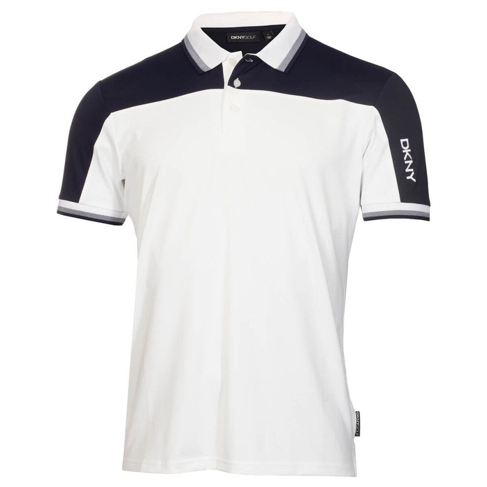 (S, White/Navy) DKNY Mens 2021 Broadway Colour Block Lightweight Golf Polo Shirt