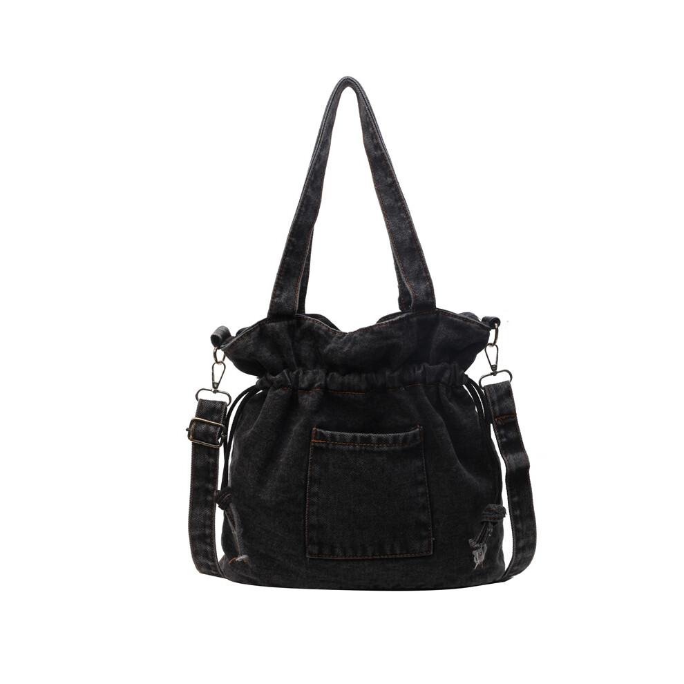 (Black) Denim Drawstring Bucket Bag Korean Crossbody Bag Casual Shoulder Bag Handbag