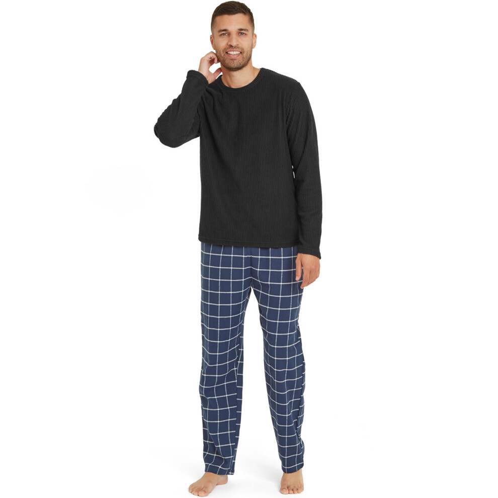 (XL, Black/Navy) Snuggaroo Mens Soft Fleece Pyjamas Set PJs Long Sleeve Top Checked Bottoms