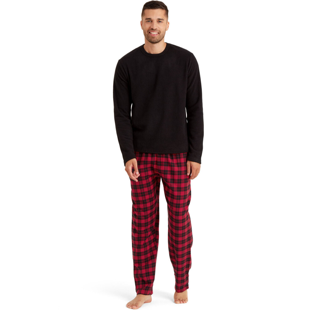 (2XL, Black/Red) Snuggaroo Mens Soft Fleece Pyjamas Set PJs Long Sleeve Top Checked Bottoms