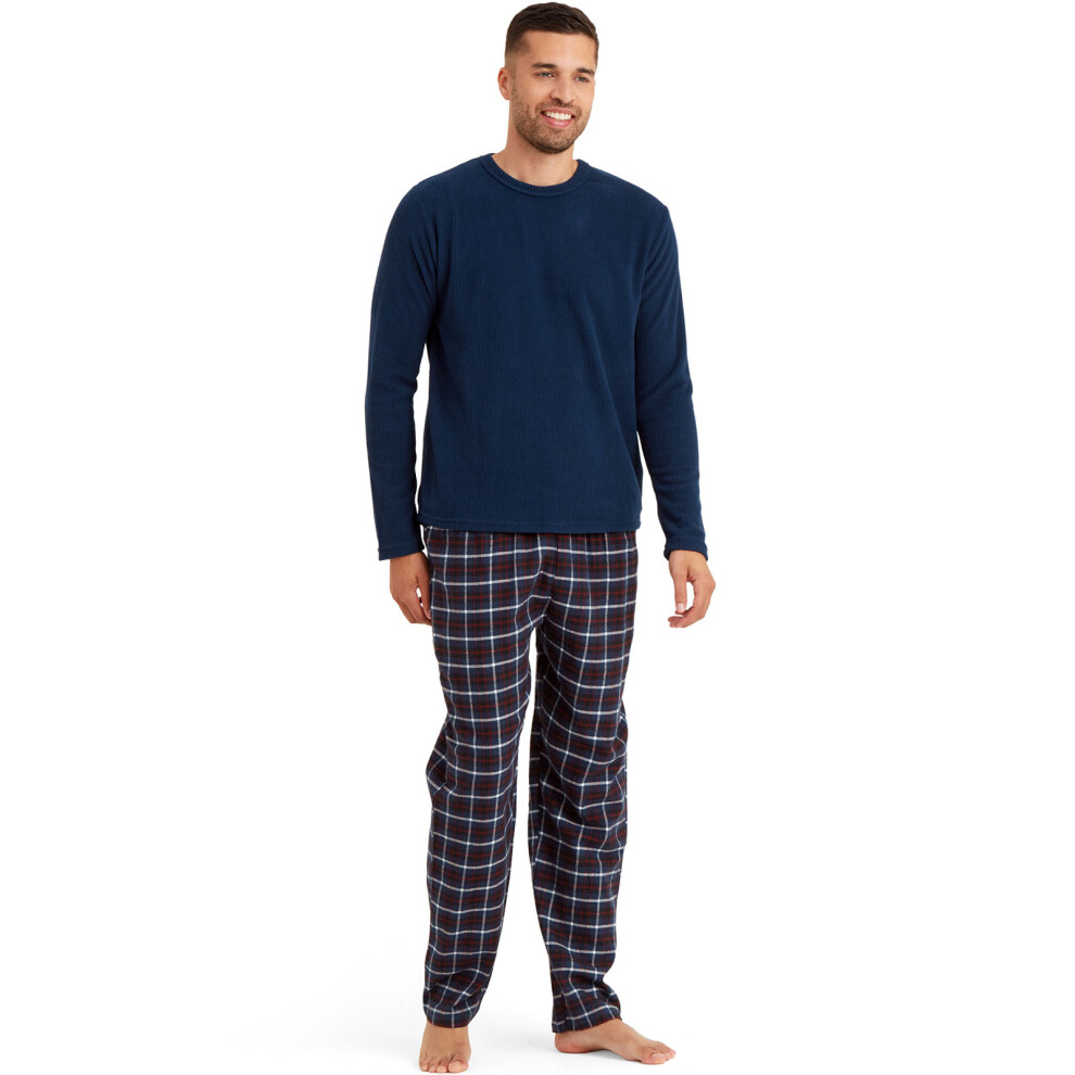 (L, Navy/Navy Red) Snuggaroo Mens Soft Fleece Pyjamas Set PJs Long Sleeve Top Checked Bottoms