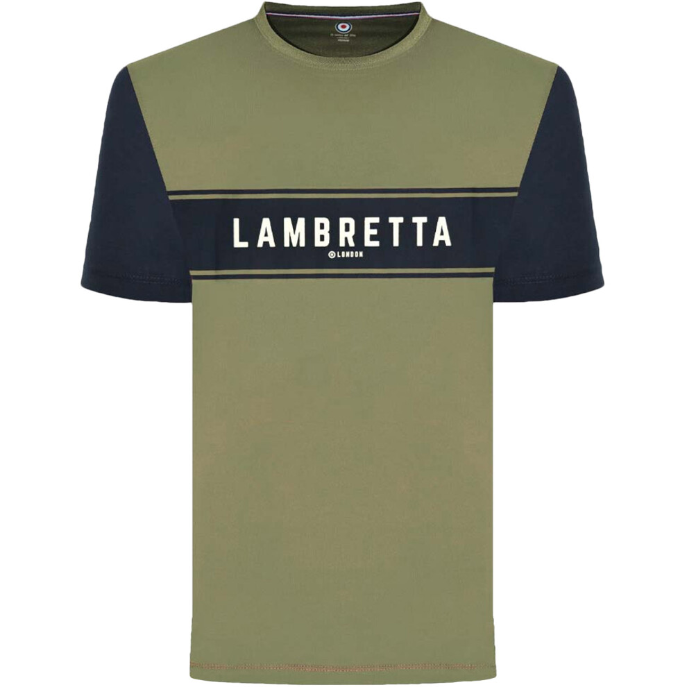 (M, Lichen Green) Lambretta Mens Logo Panel Raglan Retro Crew Neck T-Shirt Tee Top