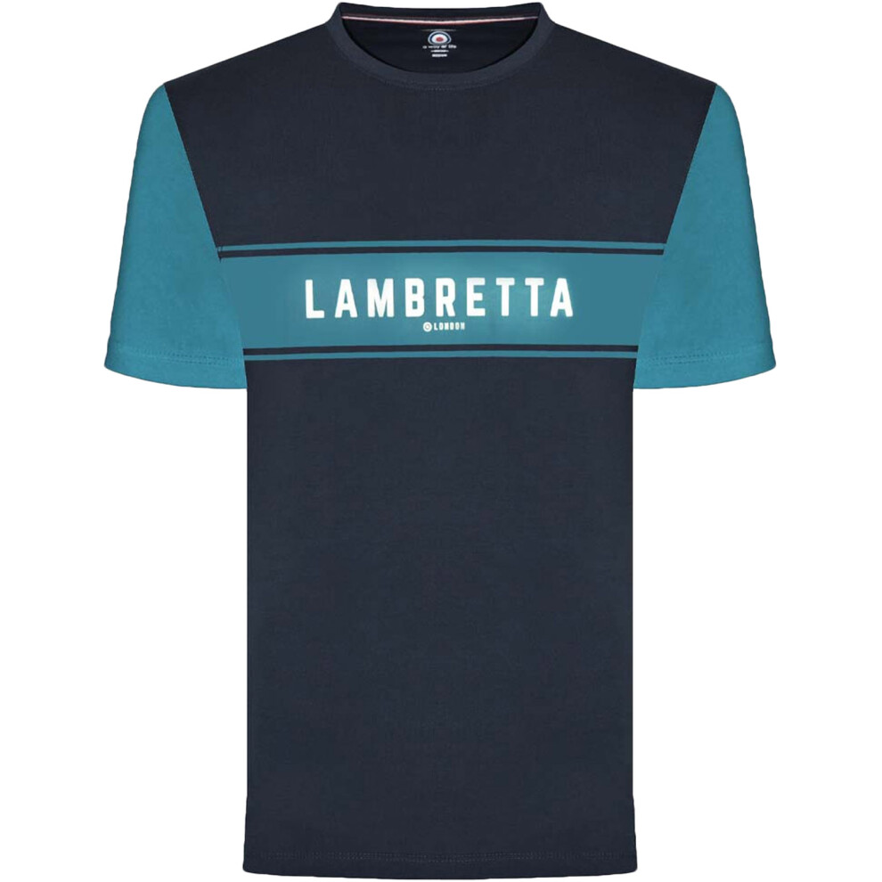 (S, Navy) Lambretta Mens Logo Panel Raglan Retro Crew Neck T-Shirt Tee Top