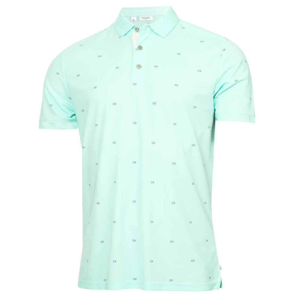 (M, Aqua) Calvin Klein Mens 2024 CK Monogram Quick Dry Moisture Wicking Golf Polo Shirt