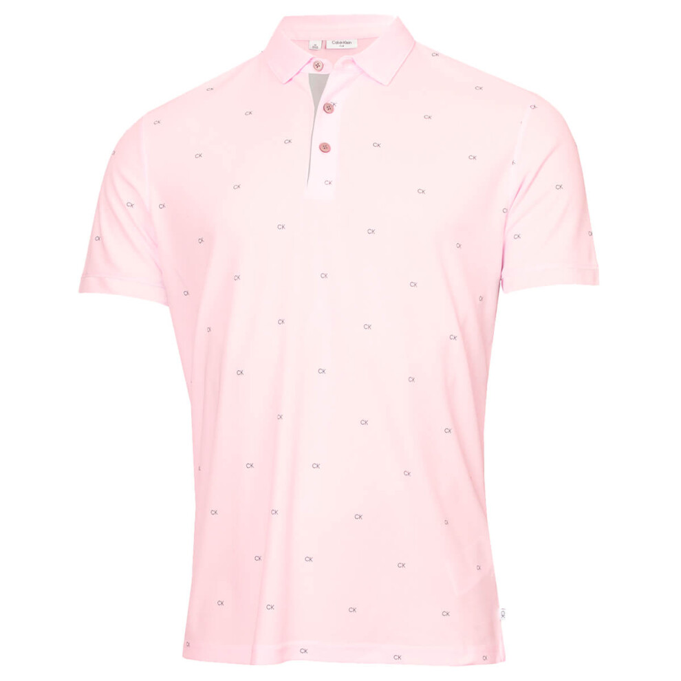 (M, Pink) Calvin Klein Mens 2024 CK Monogram Quick Dry Moisture Wicking Golf Polo Shirt