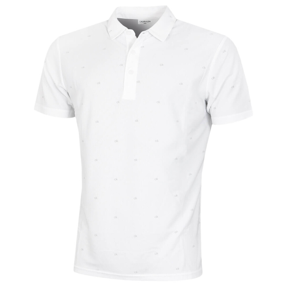 (M, White) Calvin Klein Mens Monogram Breathable SmartTec UV 30+ Polo Shirt