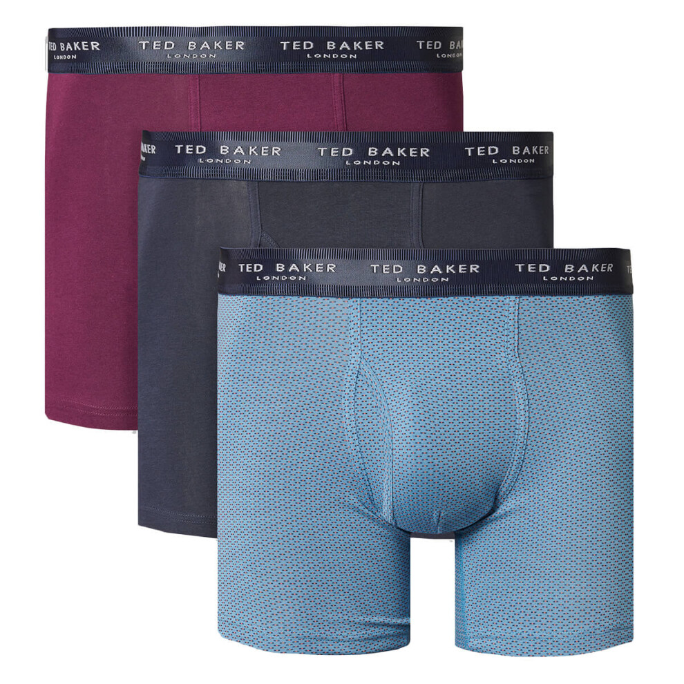 (S, Potent Purple/Navy/Aegean Blue) Ted Baker Mens 2021 3-Pack Cotton Contour Pouch Breathable Fashion Boxer Briefs