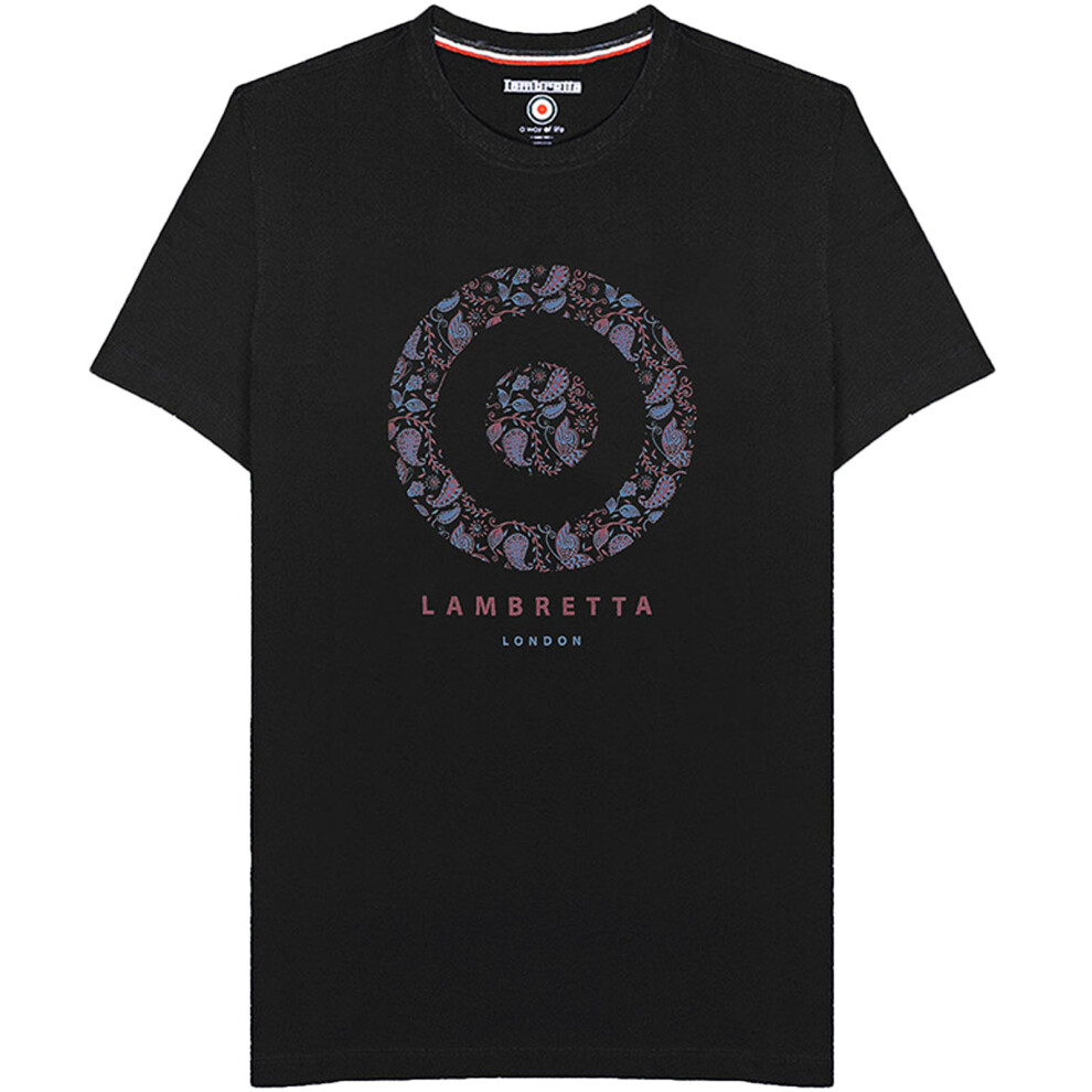 (S, Black) Lambretta Mens Paisley Target Crew Neck Retro Cotton T-Shirt Top Tee - Black