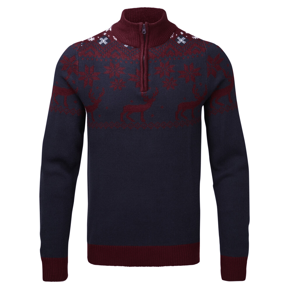 (M, Navy,Burgundy - Zip) Snuggaroo Mens Reindeer Knitted Nordic Fair Isle Christmas Xmas Jumper Top