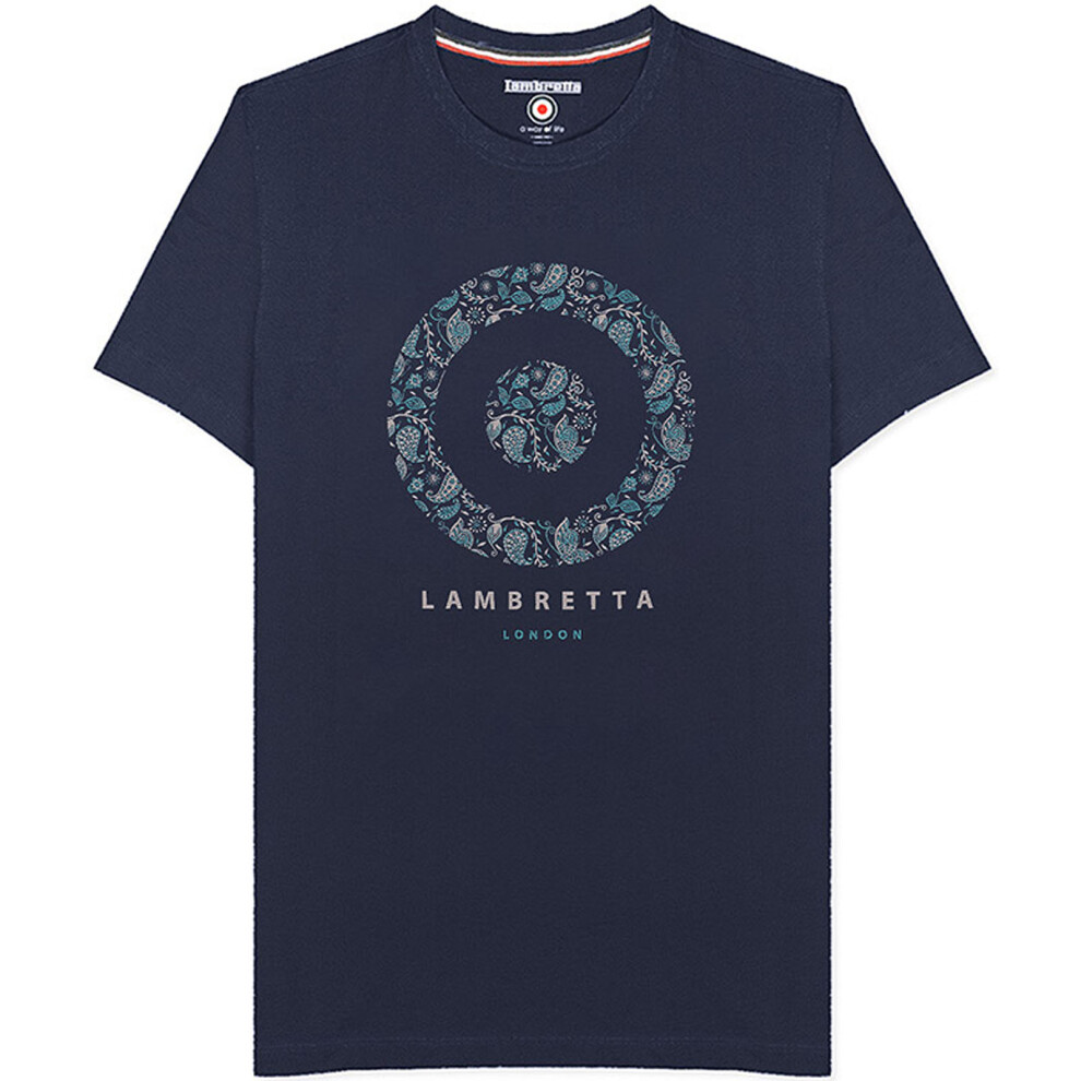 (S, Navy) Lambretta Mens Paisley Target Cotton Short Sleeve Casual T-Shirt Top Tee