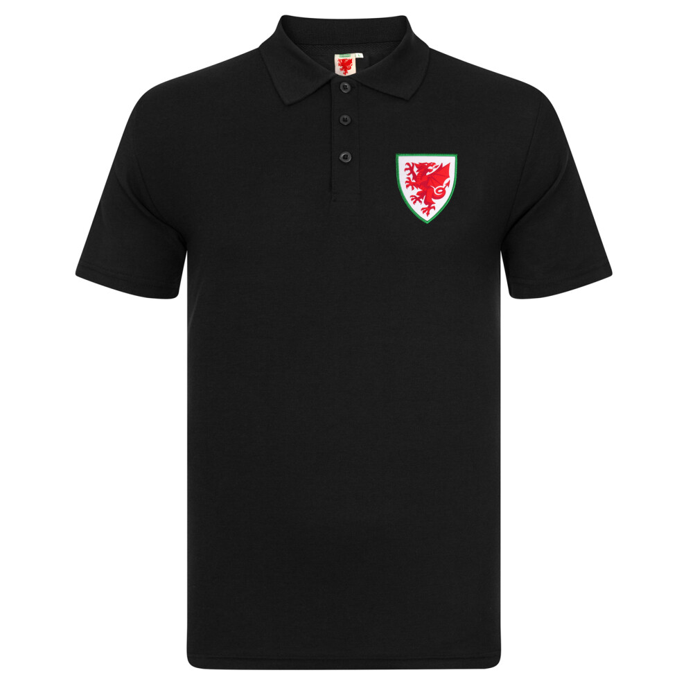 (Black, Large) Wales Cymru Mens Polo Shirt Crest FAW OFFICIAL Football Gift