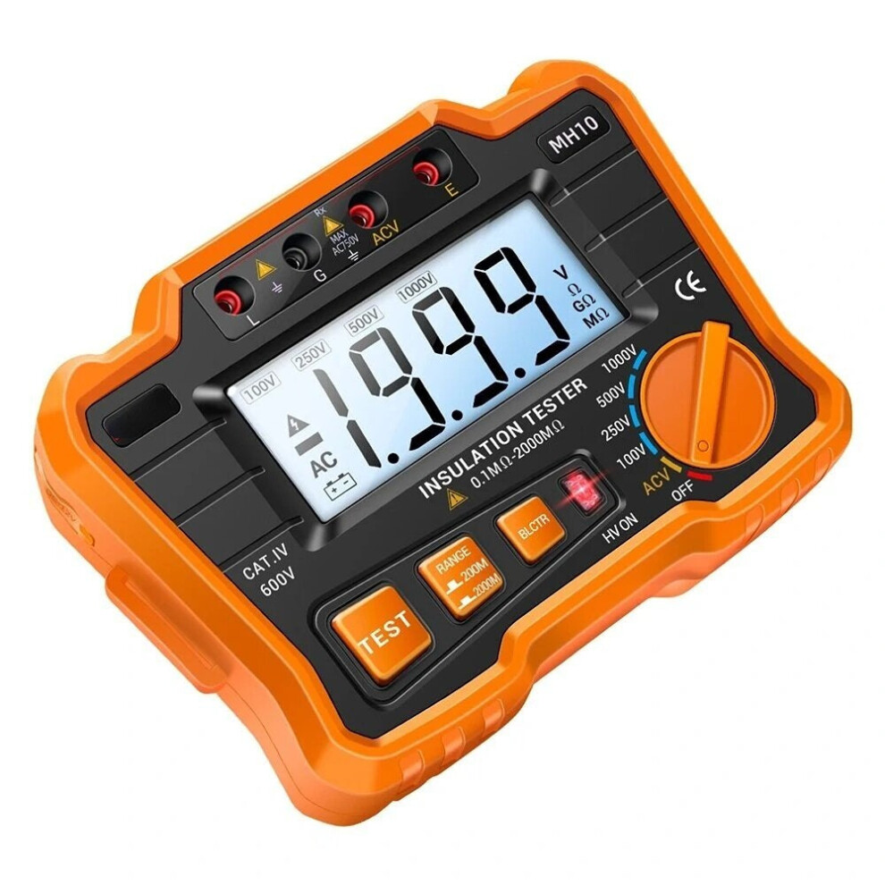 (Orange) 0.1M~1999M Digital Megohmmeter 100/250/500/1000V Insulation Earth Ground Resistance Voltage Tester