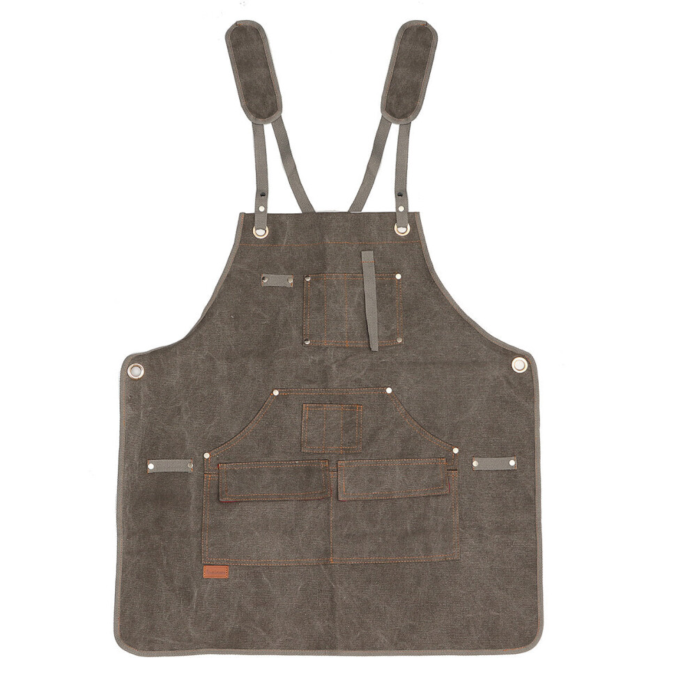 (Grey) Canvas Woodworking Apron Shop Apron Pockets Waxed Wax Cloth Waterproof Apron Chef Tool Storage