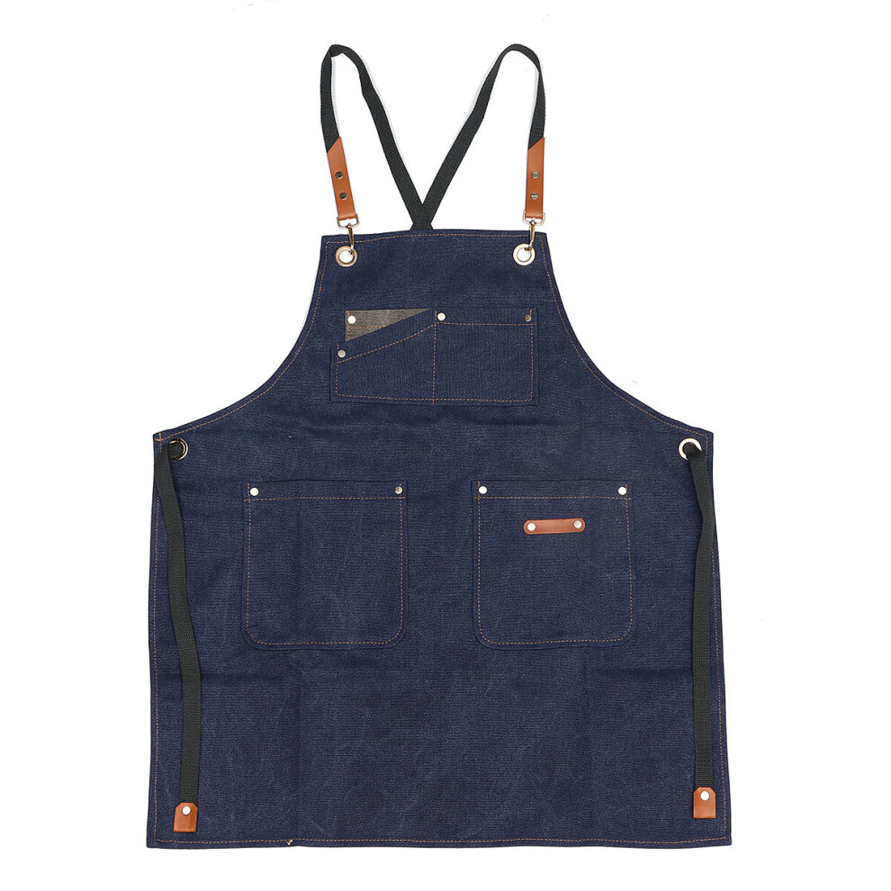 (Blue) Canvas Woodworking Apron Shop Apron Pockets Waxed Wax Cloth Waterproof Apron Chef Tool Storage