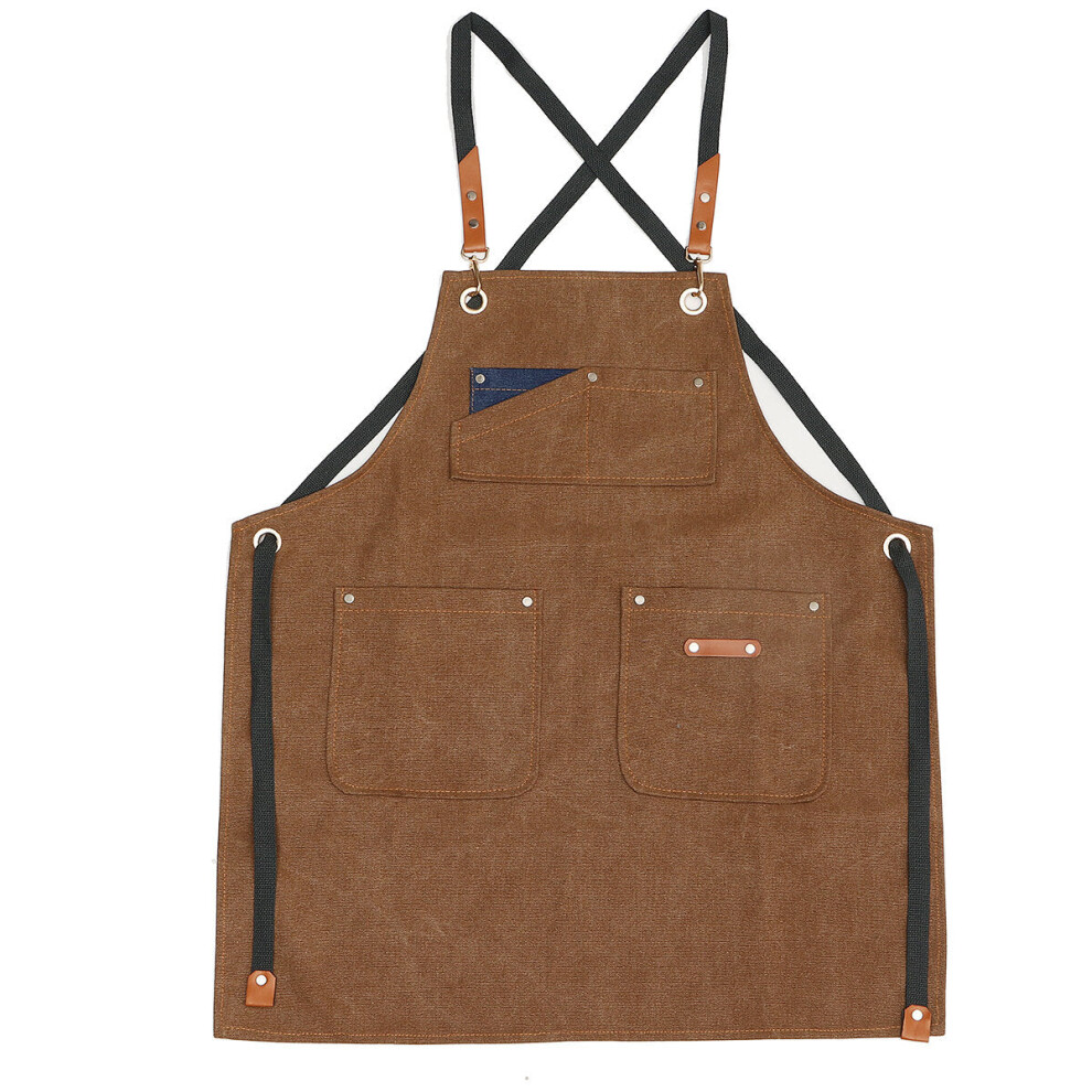 (Brown) Canvas Woodworking Apron Shop Apron Pockets Waxed Wax Cloth Waterproof Apron Chef Tool Storage