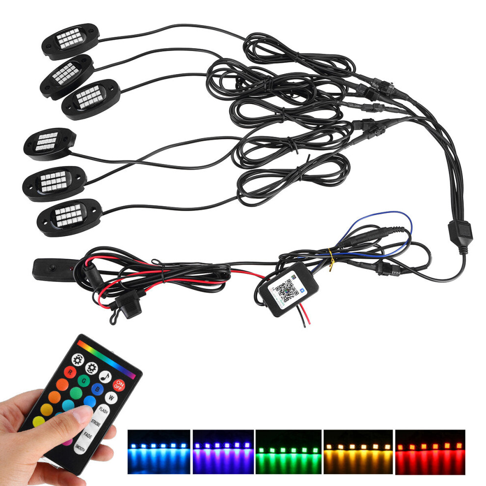 6-in-1 RGB LED Rock Light Fender Underbody Atmosphere Lamp Remote Bluetooth APP