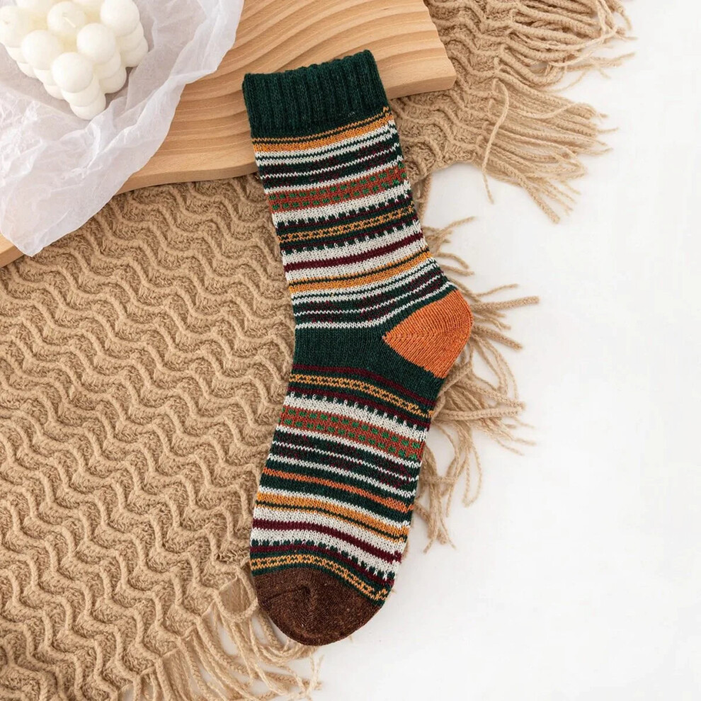 (Green) 5 Pairs Men Rabbit Fur Wool Blend Geometric Striped Jacquard Color-match Thicken Warmth Socks