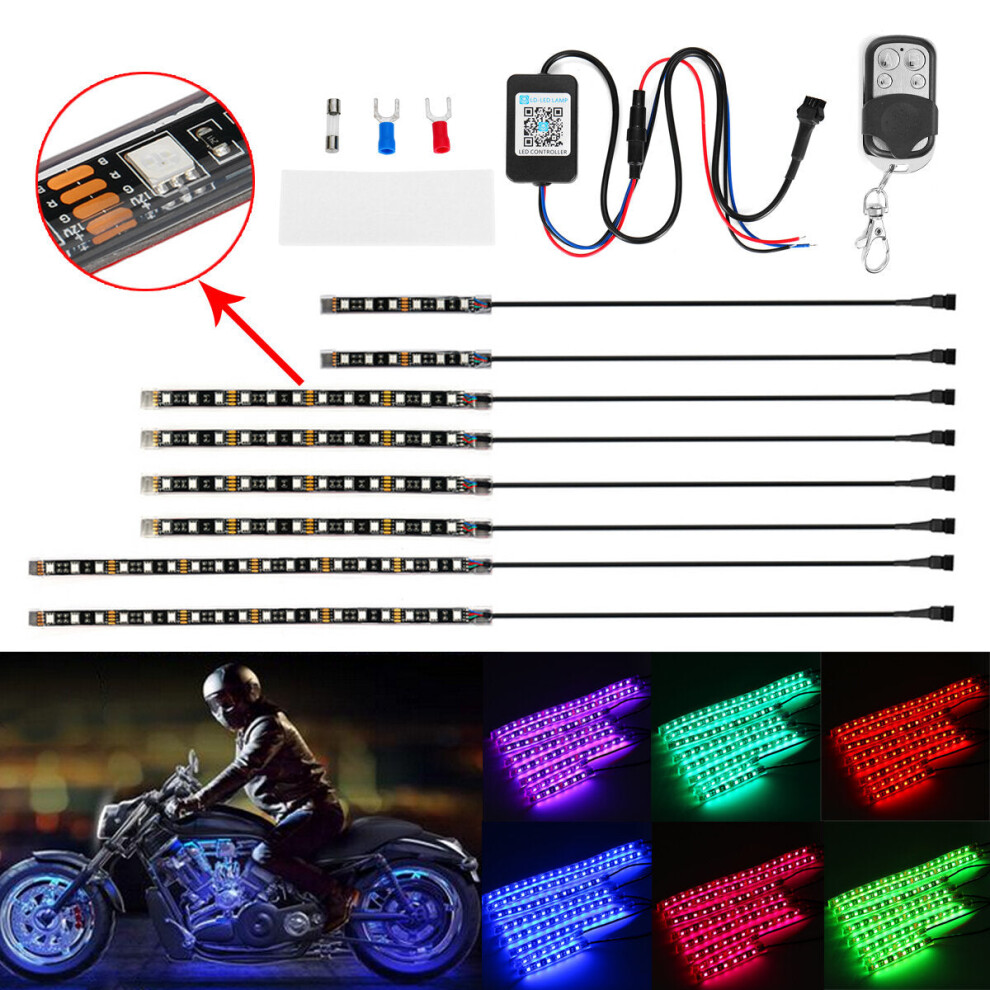 8Pcs Motorcycle Bluetooth App Led Strip Kit Remote Control Flashing Lamp Light 4962949999837