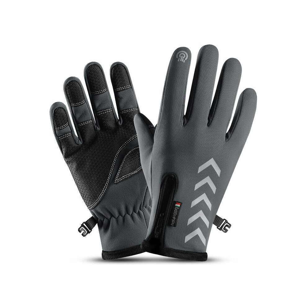 (Gray, S) Cycling Warm Gloves Season Outdoor Waterproof Sports Anti-skid Five-finger Touch Screen Night Riding Highlight Reflective Gloves