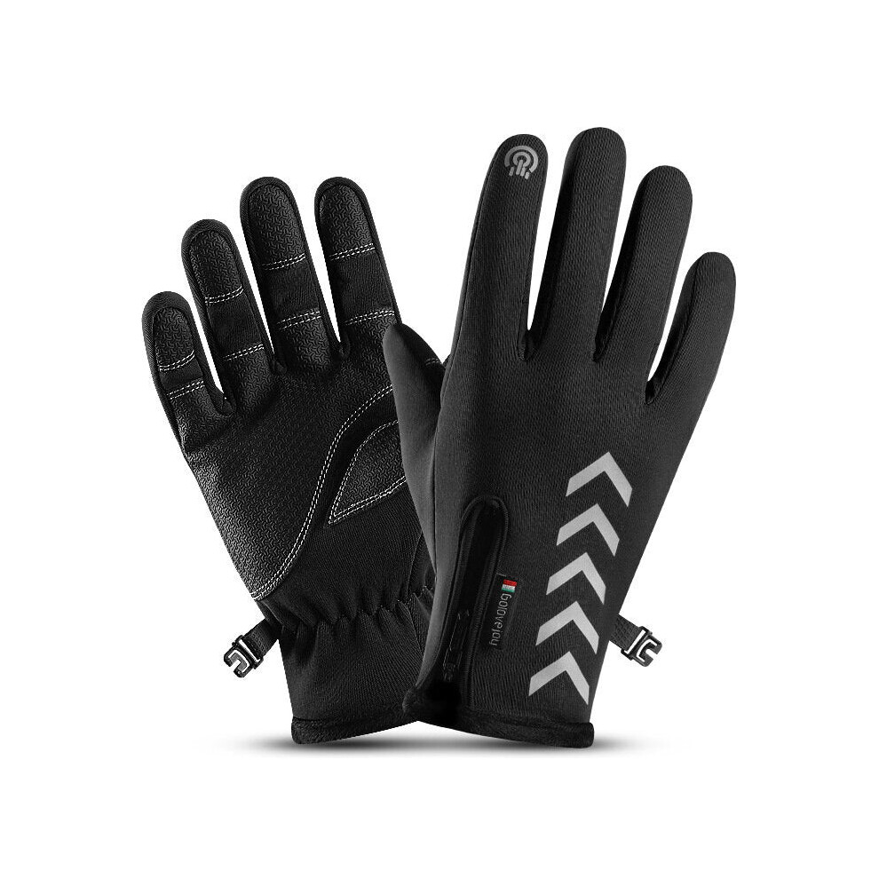 (Black, M) Cycling Warm Gloves Season Outdoor Waterproof Sports Anti-skid Five-finger Touch Screen Night Riding Highlight Reflective Gloves