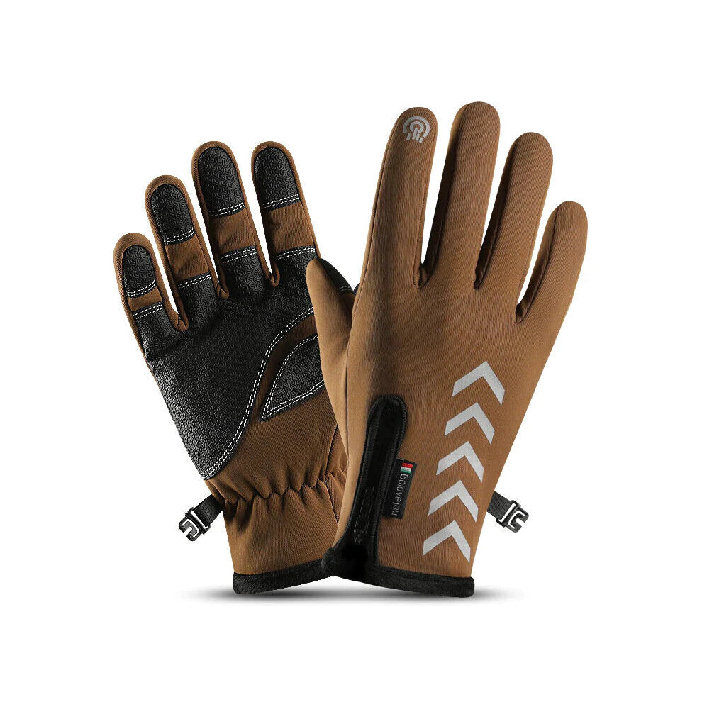 (Desert color, M) Cycling Warm Gloves Season Outdoor Waterproof Sports Anti-skid Five-finger Touch Screen Night Riding Highlight Reflective Gloves