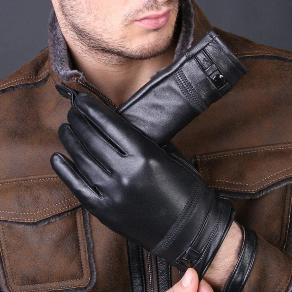 (Black, XL) Men Sheepskin Winter Warm Plus Velvet Thicken Full-finger Gloves Outdoor Windproof Riding Driving Gloves