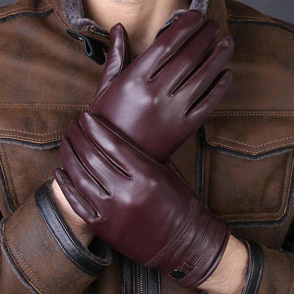 (Wine Red, 2XL) Men Sheepskin Winter Warm Plus Velvet Thicken Full-finger Gloves Outdoor Windproof Riding Driving Gloves
