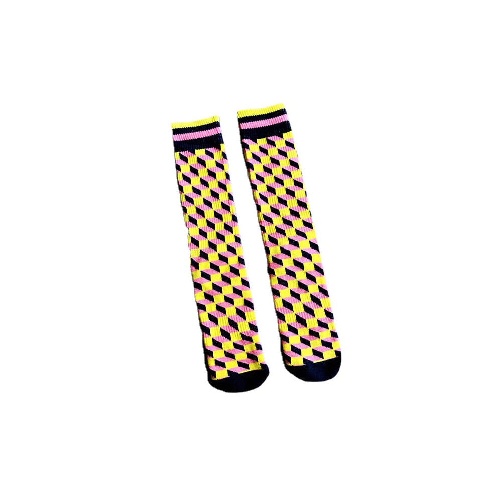 (Yellow Black) Men's Novelty Geometic Pattern Cotton Middle Tube Socks Casual Harajuku Style Men Socks