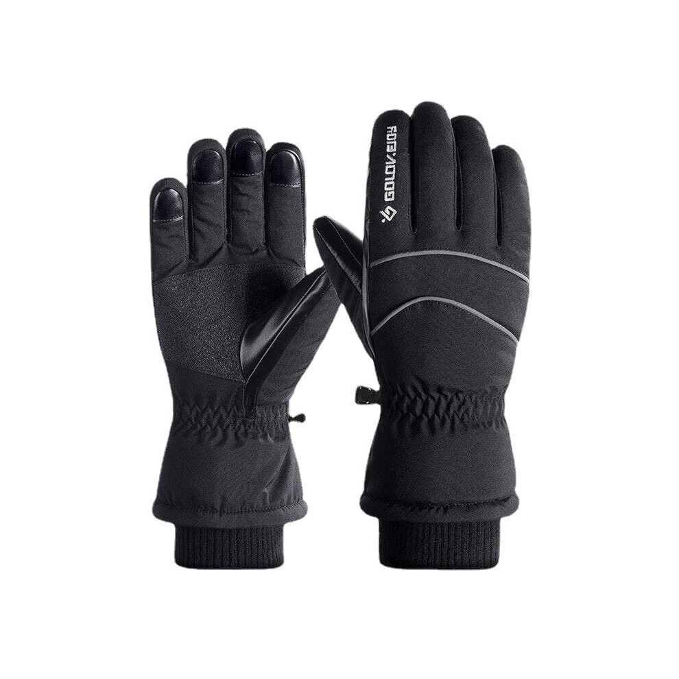(Black Touch Screen, L) Men Plus Velvet Lengthened Knitted Elastic Wrist With Reflective Strip Windproof Waterproof Warmth Non-slip Touchscreen Gloves