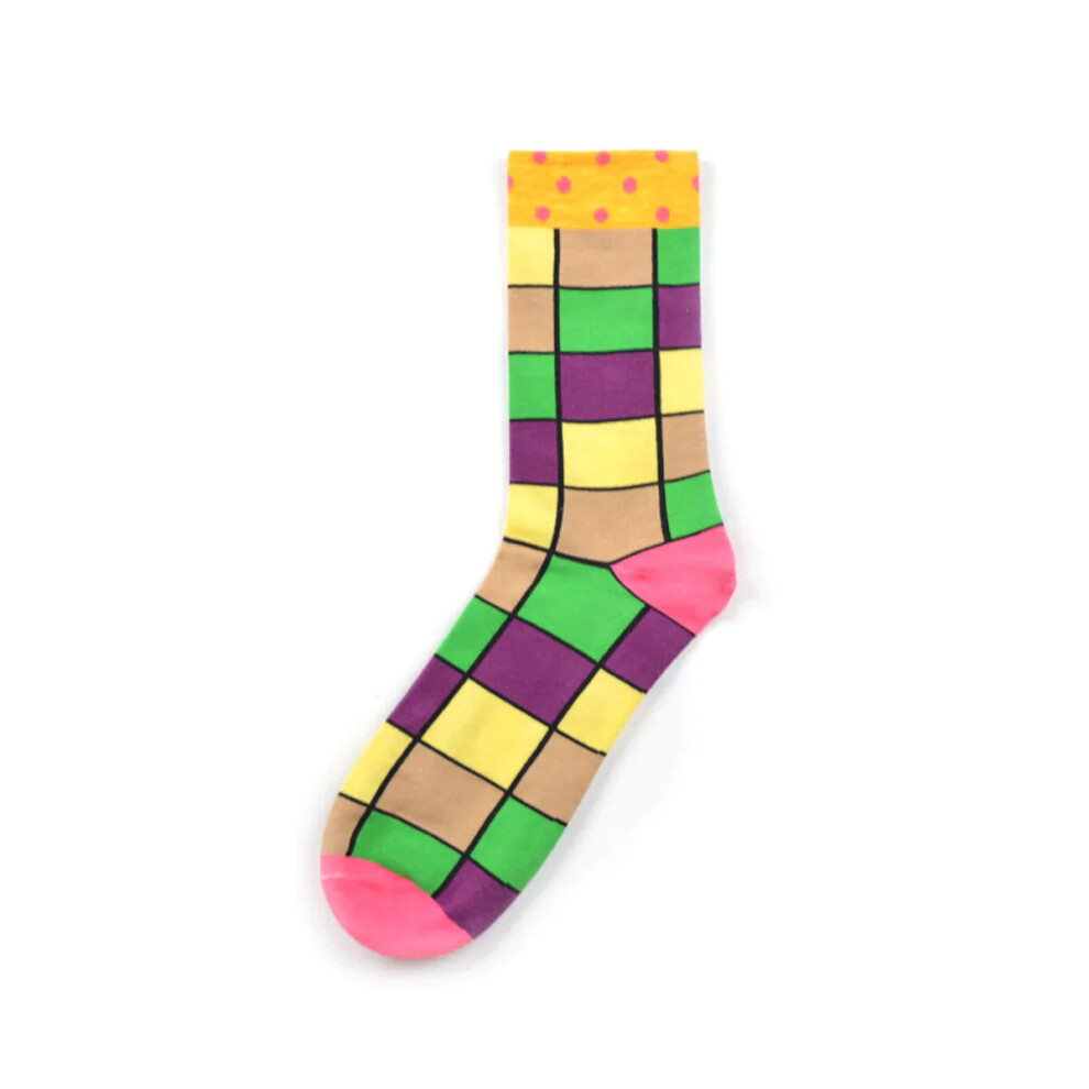 (Checkered Yellow) Men's Street Wild Classic Geometry Striped Cotton Mid-Socks Tube Socks