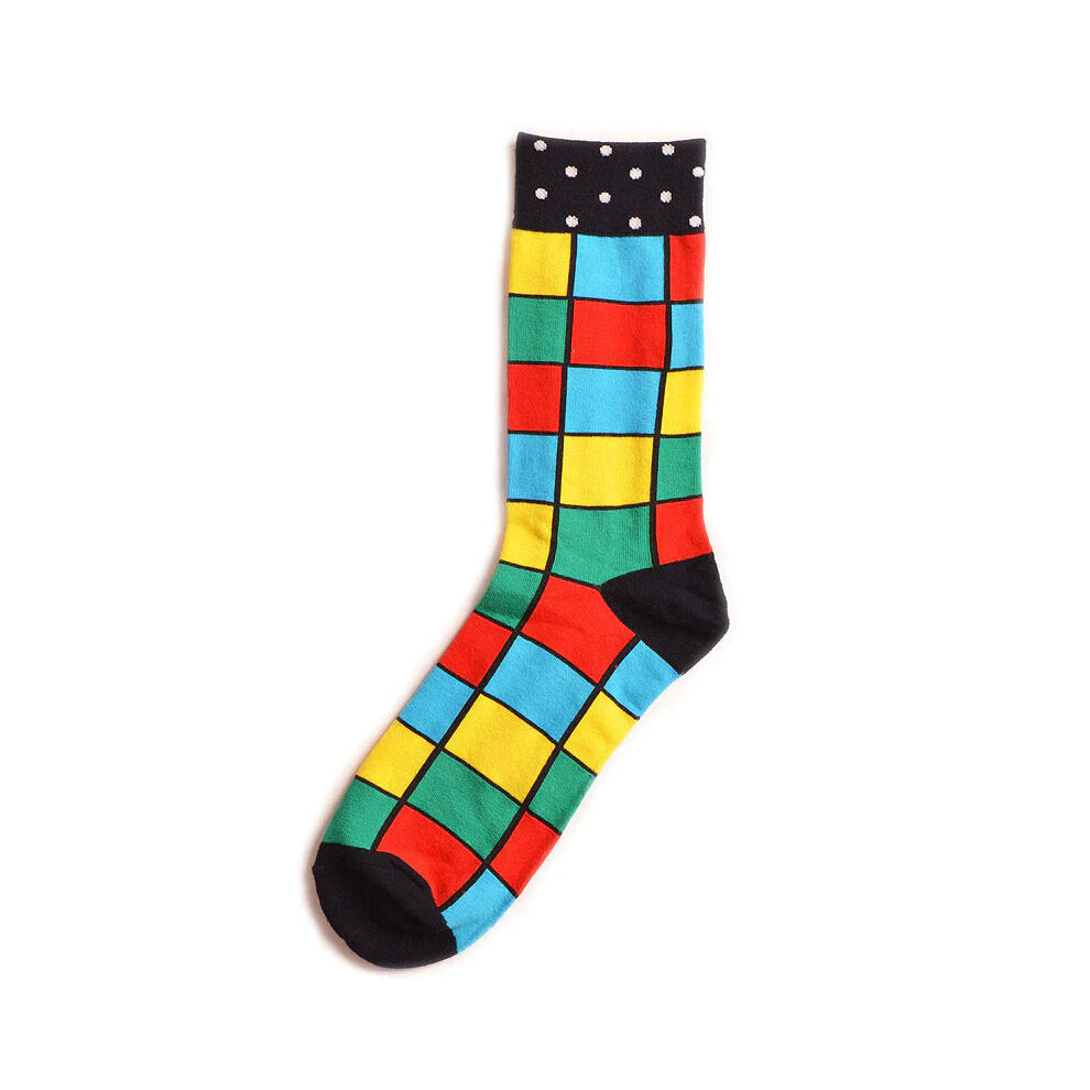 (Plaid Black Dots) Men's Street Wild Classic Geometry Striped Cotton Mid-Socks Tube Socks