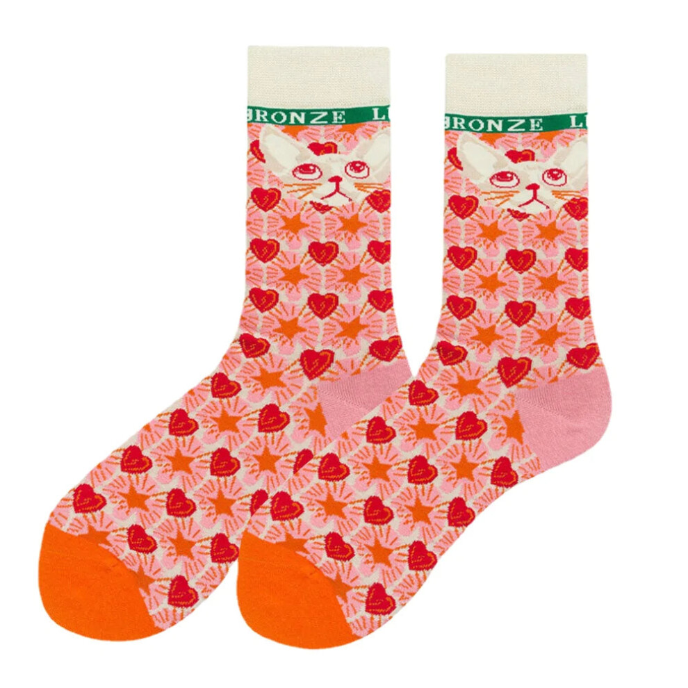 (White) Unisex Japan Style Creative Illustration Patchwork Color Cute Couple Tube Socks