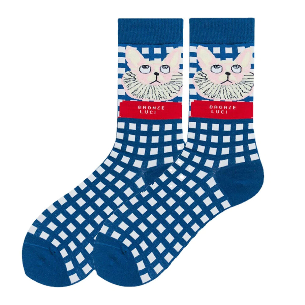 (Blue) Unisex Japan Style Creative Illustration Patchwork Color Cute Couple Tube Socks