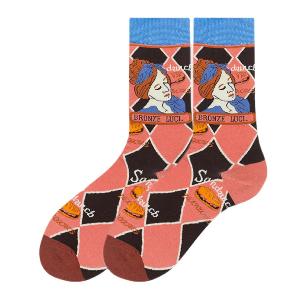 (Sky Blue) Unisex Japan Style Creative Illustration Patchwork Color Cute Couple Tube Socks